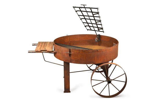 Carreta Fogón 120cm con ruedas, Asador, Parrilla y tabla